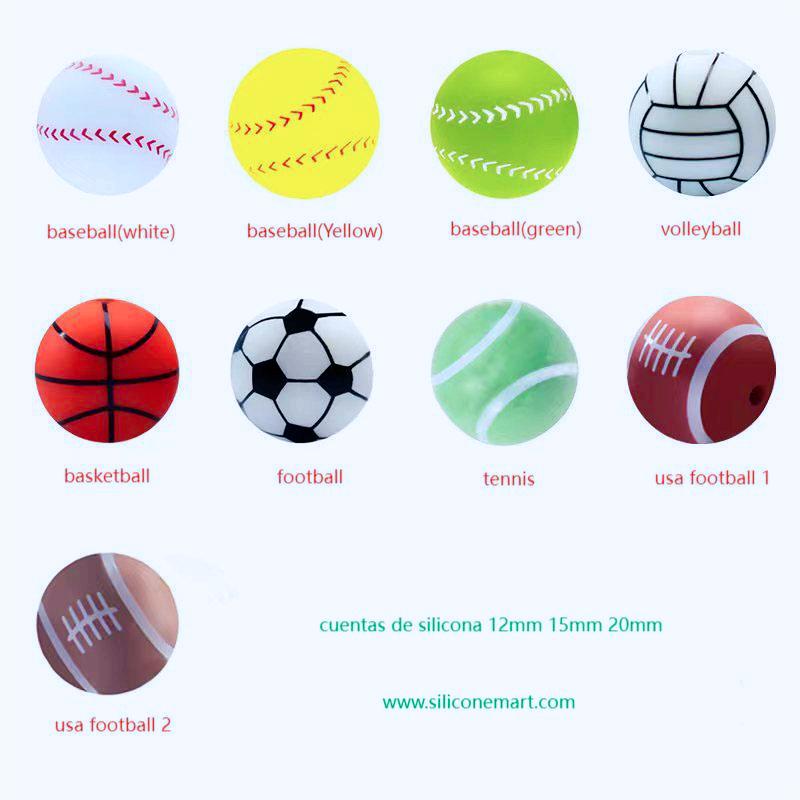 ¡Encuentra tus cuentas de silicona para fútbol/baloncesto/tenis/voleibol/rugby en diferentes tamaños (12mm, 15mm, 20mm) aquí!