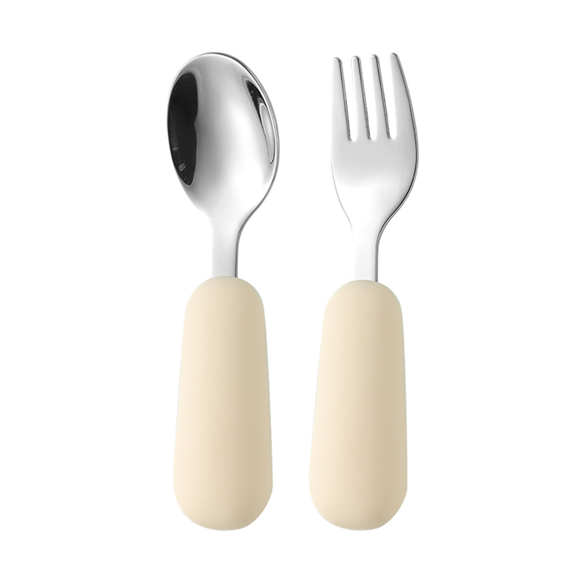Silicone Stainless Steel Baby Spoon Fork Set, Short Handle Toddler Self Feeding Training Utensils Portable Kids Tableware